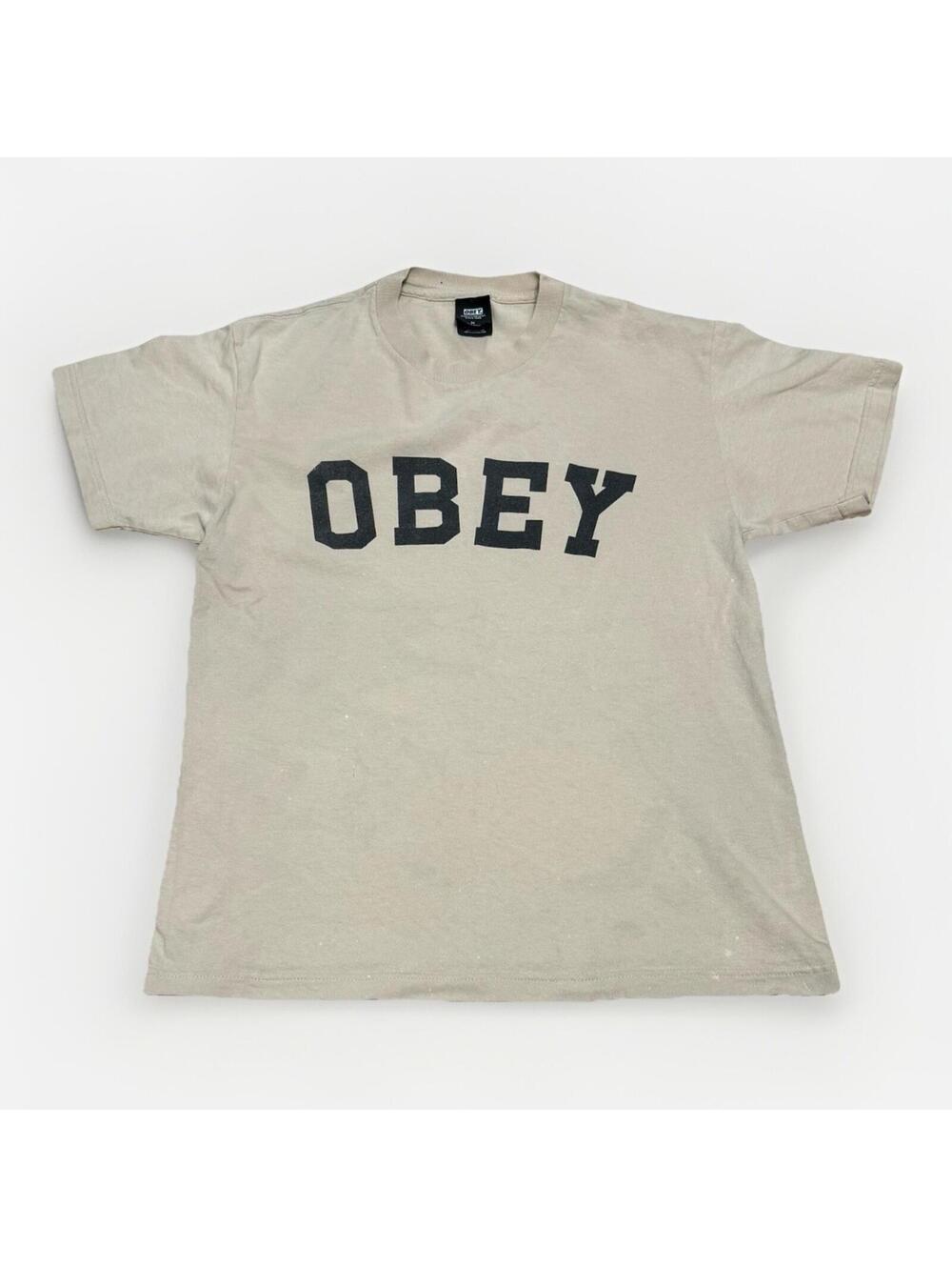 Vintage Obey Font Spellout T-Shirt Mens‎ Medium Beige Distressed Streetwear Crew